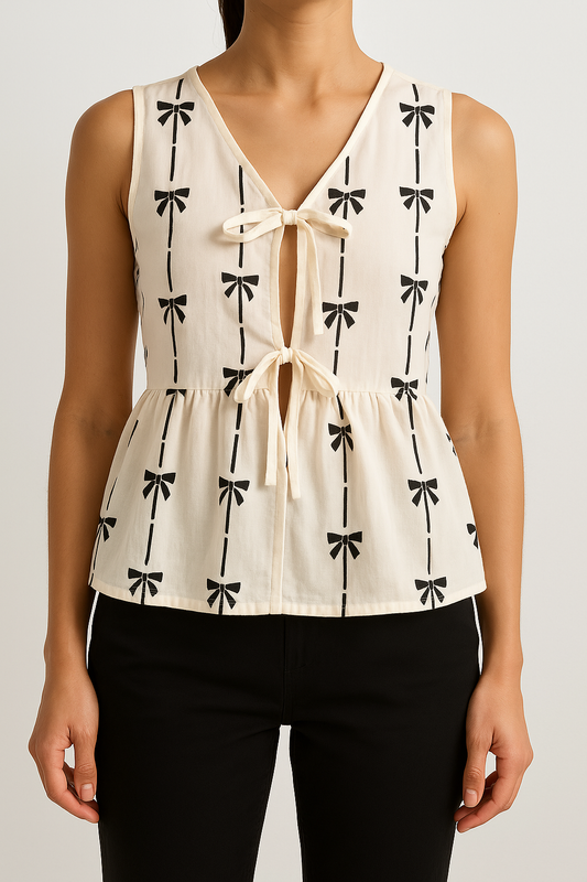 Mendi | Mouwloze V-hals Top met Strikdetail – Luchtig & Chic