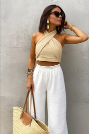 Sunnie | Beige Halter Crop Top voor Dames - Crisscross Design