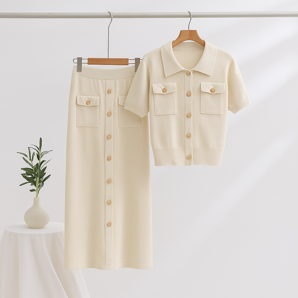 Luxe Tweedelige Set Trui met Korte Mouwen en Lange Rok – Labels