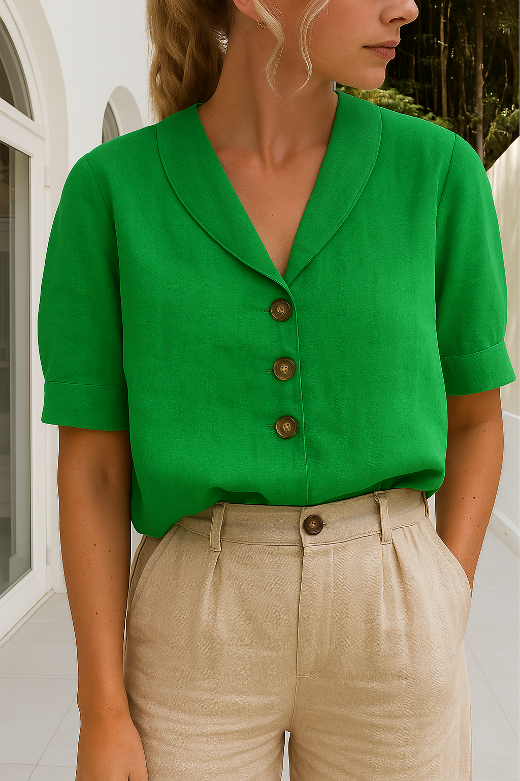 Keana | Trendy Katoenen-Linnen V-hals T-Shirt voor Dames