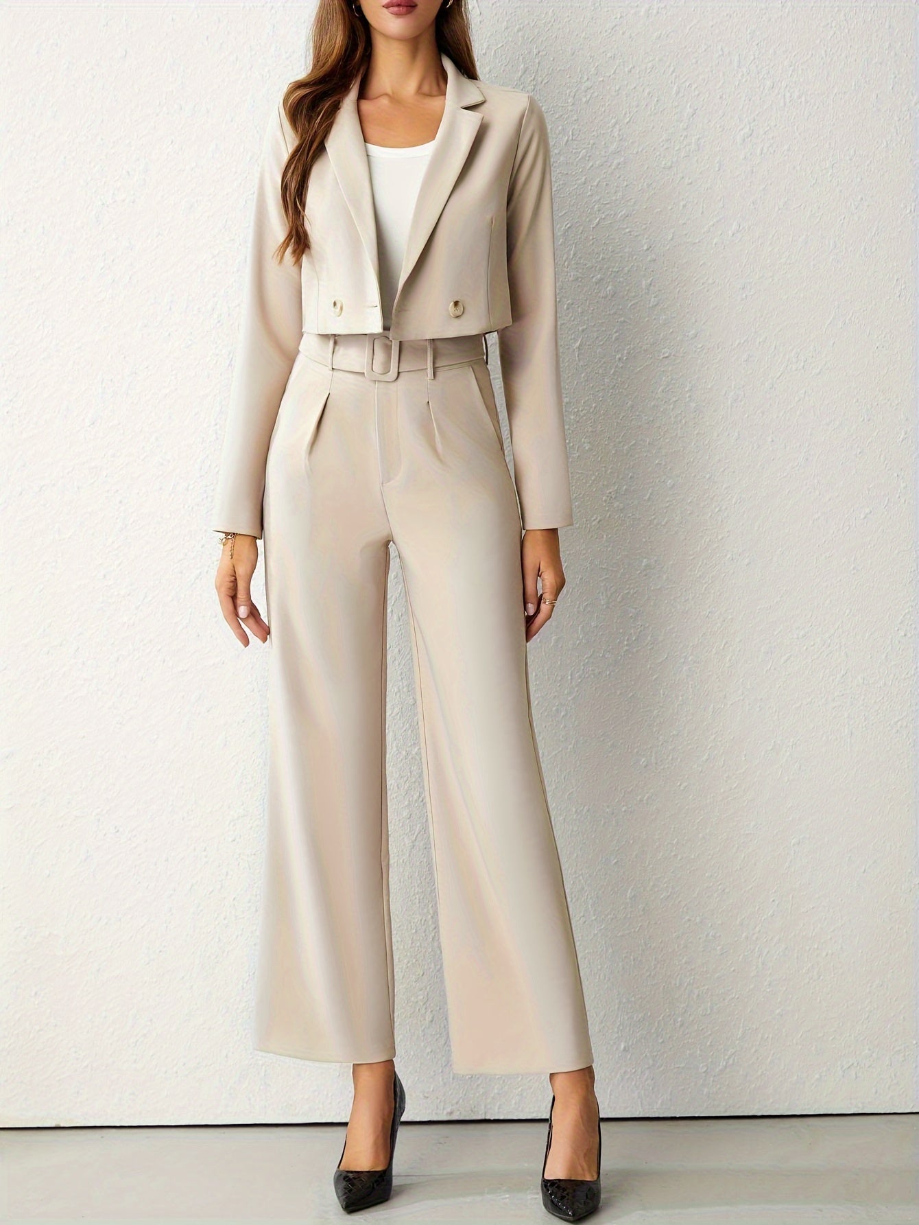 Delana | Chique Dames Tweedelige Set - Wijde Broek en Cropped Blazer