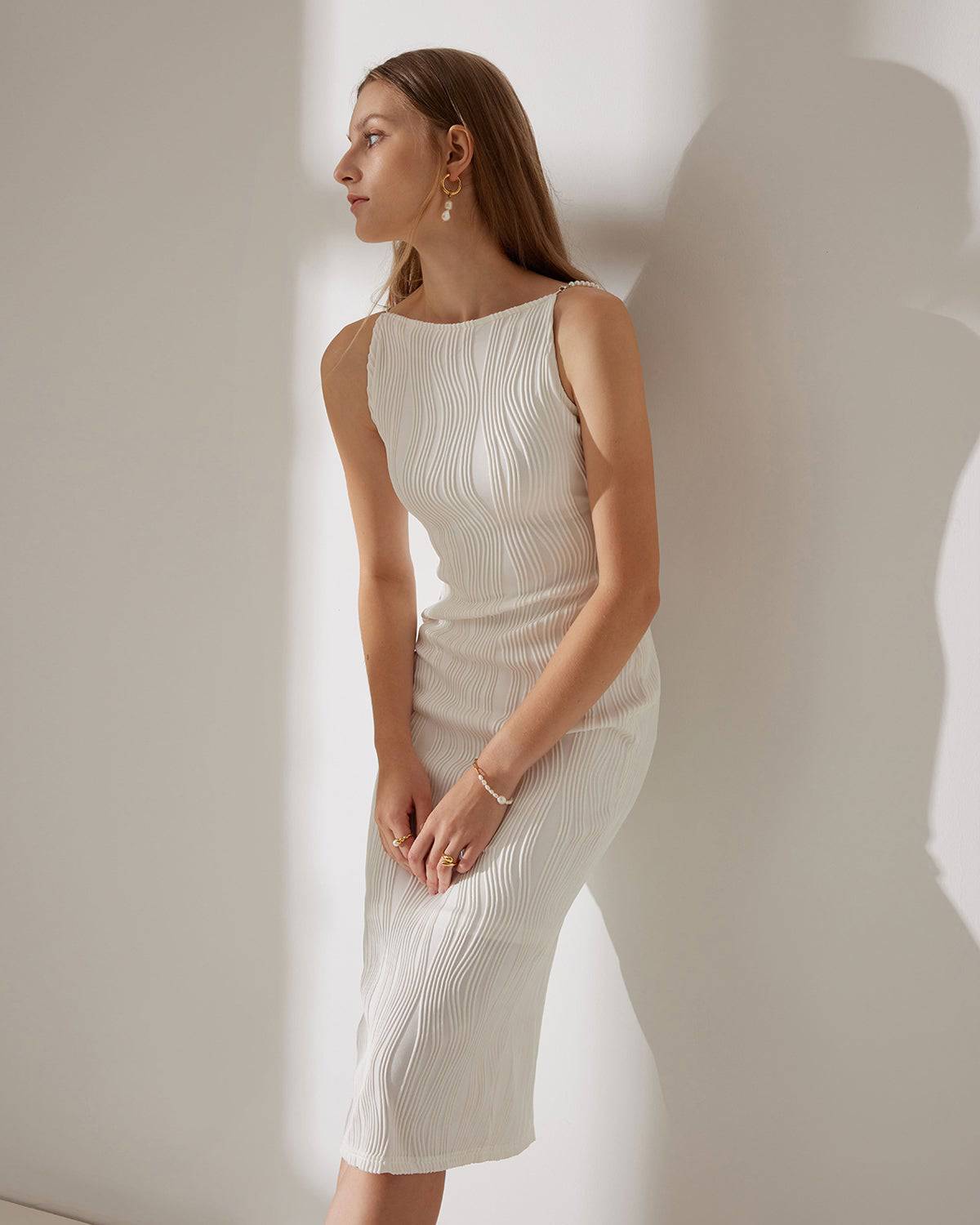 Diana | Dames Midi-Jurk - Elegante Waterrimpel met Parelbandjes 0