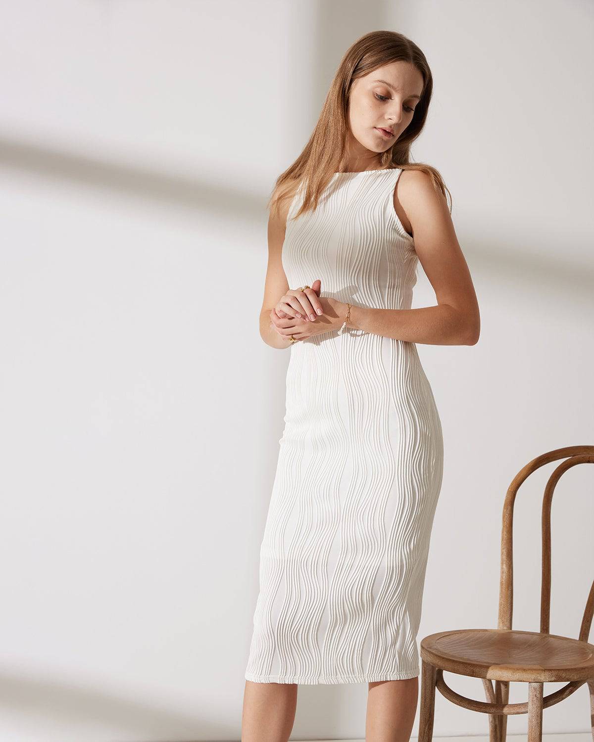 Diana | Dames Midi-Jurk - Elegante Waterrimpel met Parelbandjes 3