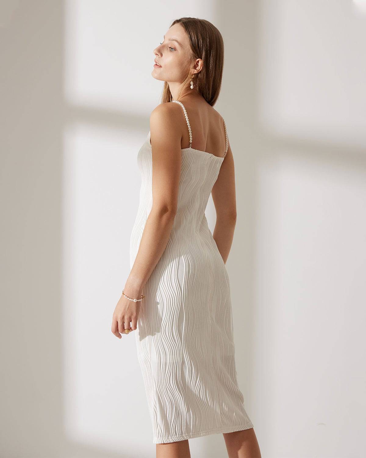 Diana | Dames Midi-Jurk - Elegante Waterrimpel met Parelbandjes 4