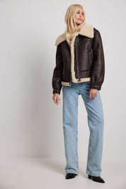 Dora | Dames Winterjas - Donkerbruin Aviator Jack met Crèmekraag 0