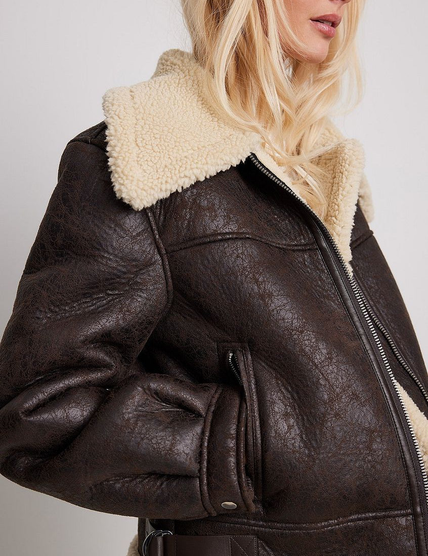 Dora | Dames Winterjas - Donkerbruin Aviator Jack met Crèmekraag 1