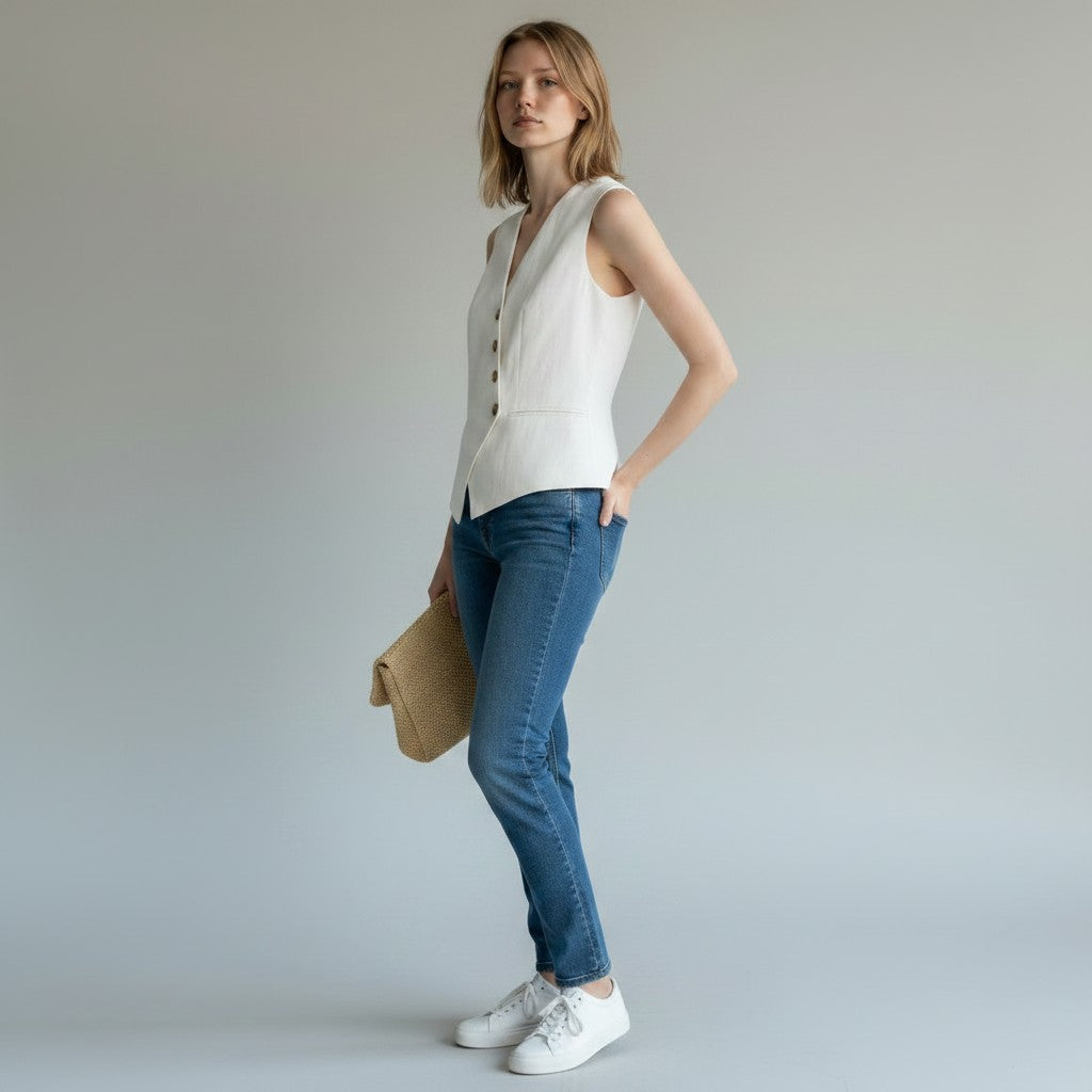 Dysa | Dames Linnen Katoen Mouwloos Vest – Gilet met Knopen