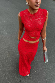 Dudu | Elegante Tweedelige Set van Kant voor Dames - Mouwloze Top & Split Rok