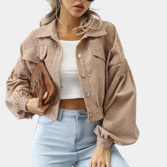 Deni | Stijlvolle Korte Jas van Ribstof Dames - Lanter Mouwen, Comfortabel en Trendy