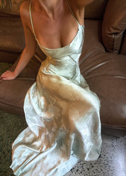 Gilda | Luxe Maxi Jurk met Elegante Bloemen Print - Kleur Pistache Groen