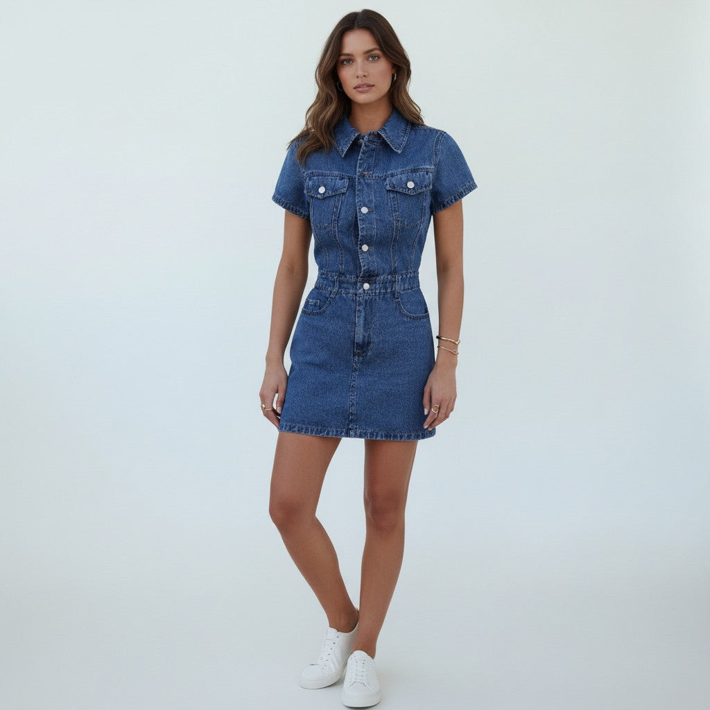 Gala | Trendy Mini Jurk van Spijkerstof voor Dames – Korte Mouwen & Knopen