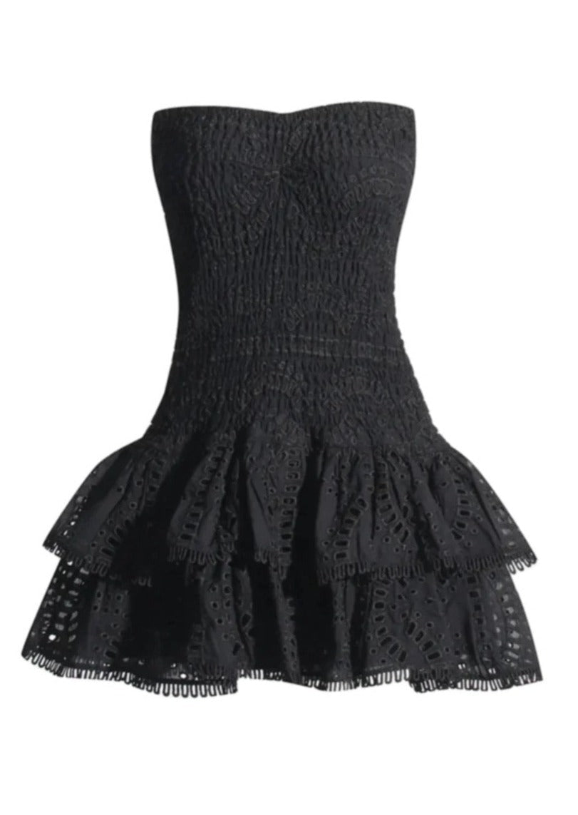 Renata | Zwarte Strapless Zomerjurk van Broderie Stof