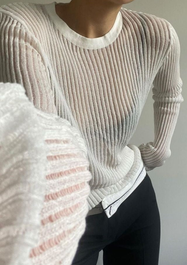 Rylee | Rib Gebreide Top met Ladder Design en Lange Mouwen