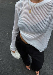 Rylee | Rib Gebreide Top met Ladder Design en Lange Mouwen