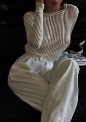 Rylee | Rib Gebreide Top met Ladder Design en Lange Mouwen