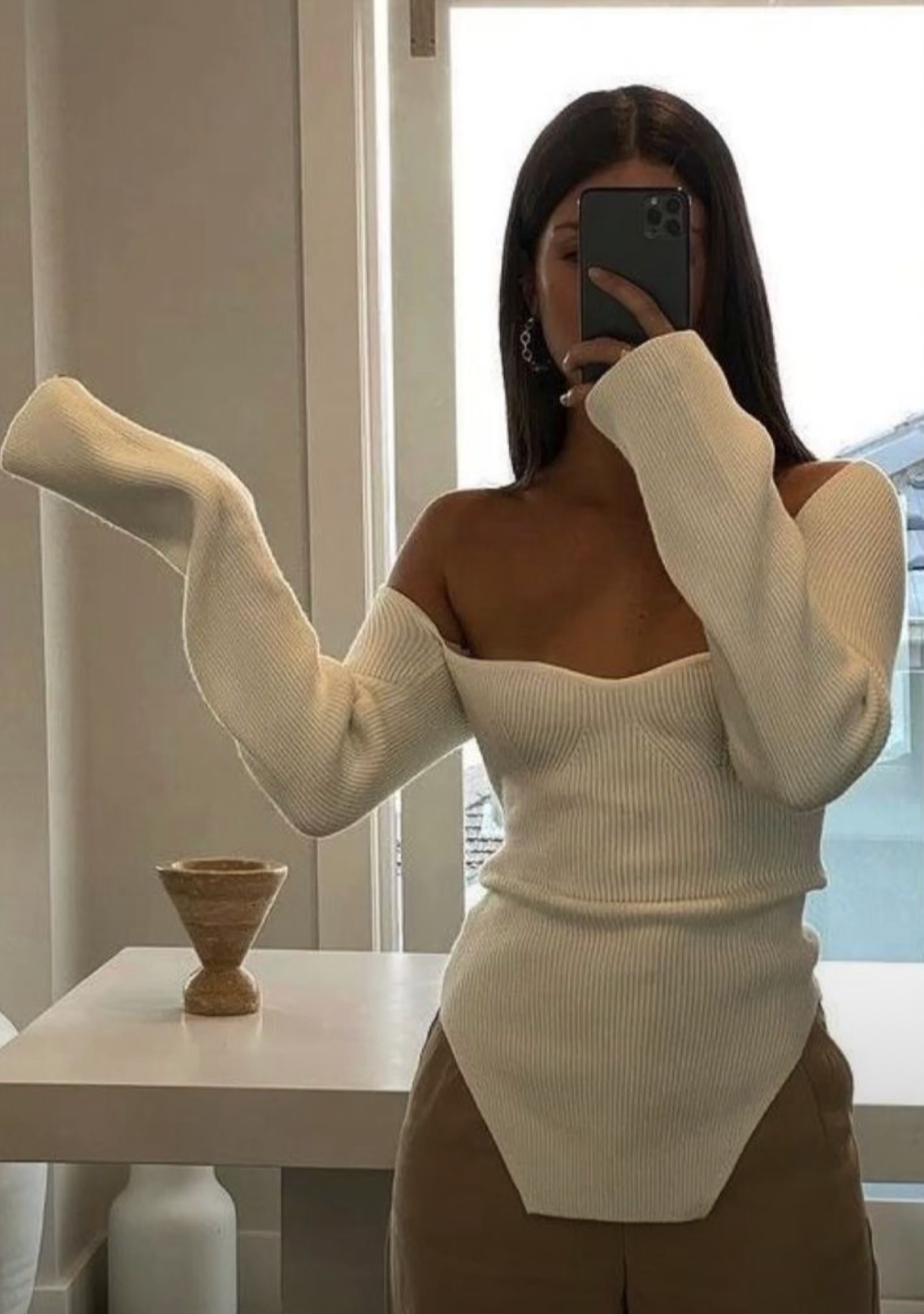 Joy-Ann | Beige Gebreide Body Top met Vierkante Hals