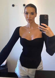 Joy-Ann | Zwarte Gebreide Body Top met Vierkante Hals