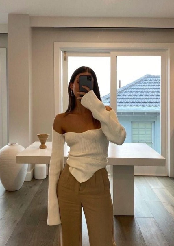 Joy-Ann | Beige Gebreide Body Top met Vierkante Hals