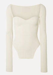 Joy-Ann | Beige Gebreide Body Top met Vierkante Hals