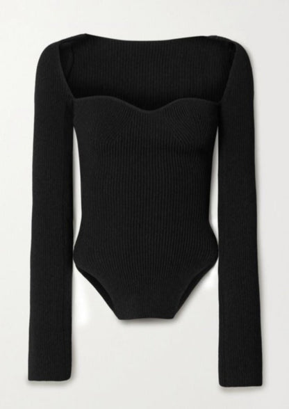 Joy-Ann | Zwarte Gebreide Body Top met Vierkante Hals