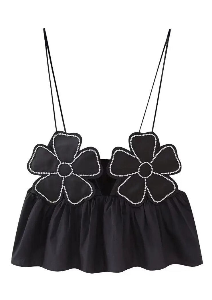 Gabi | Zwarte Crop Top met Bloemen Details