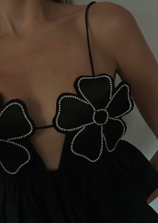 Gabi | Zwarte Crop Top met Bloemen Details