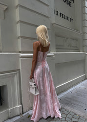 Grazia | Luxe Roze Jacquard Maxi Jurk met Corset Rugsluiting