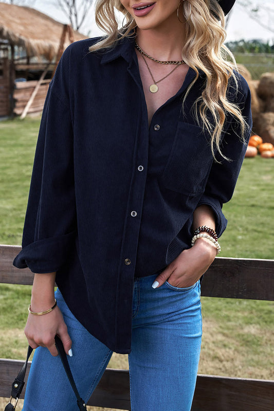 Cecina | Donkerblauw Trendy Geribde Corduroy Overhemd