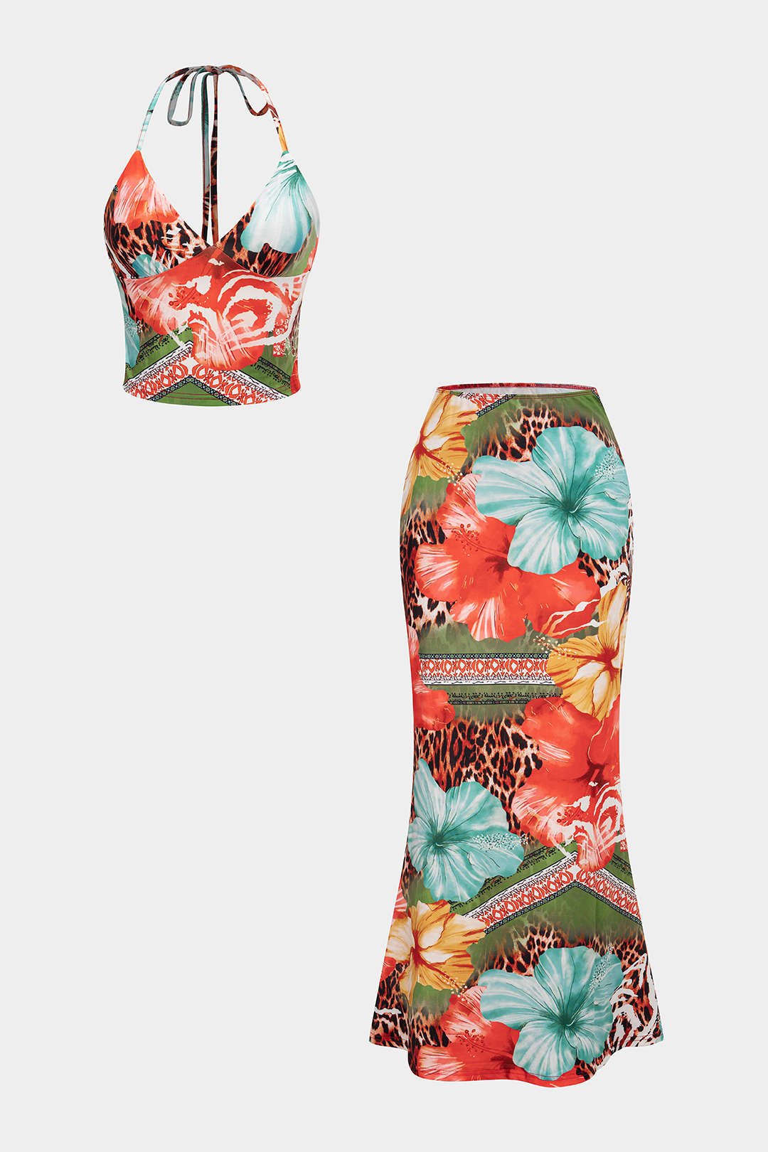 Lina | Dames Set - Tweedelige Luipaardbloemenprint met V-hals en Hoge Taille Rok 1