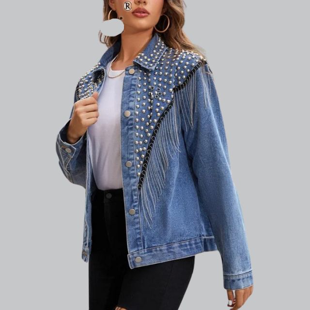 Oxy | Denim Jas Dames met Pareldetails en Franjes