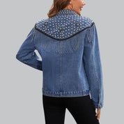 Oxy | Denim Jas Dames met Pareldetails en Franjes