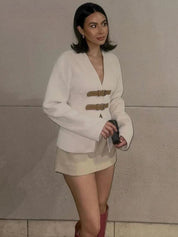 Xiandra | Wollen Dames Jasje - Elegant Ontwerp met Leren Gesp