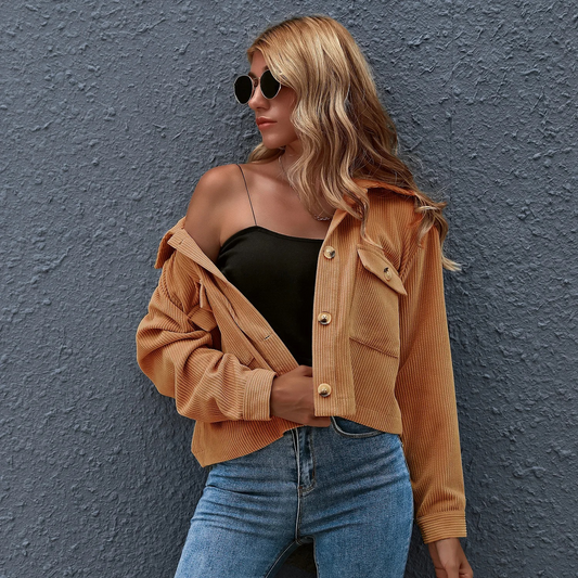 Jilo | Trendy Corduroy Jas Dames - Omgeslagen Kraag en Functionele Zakken