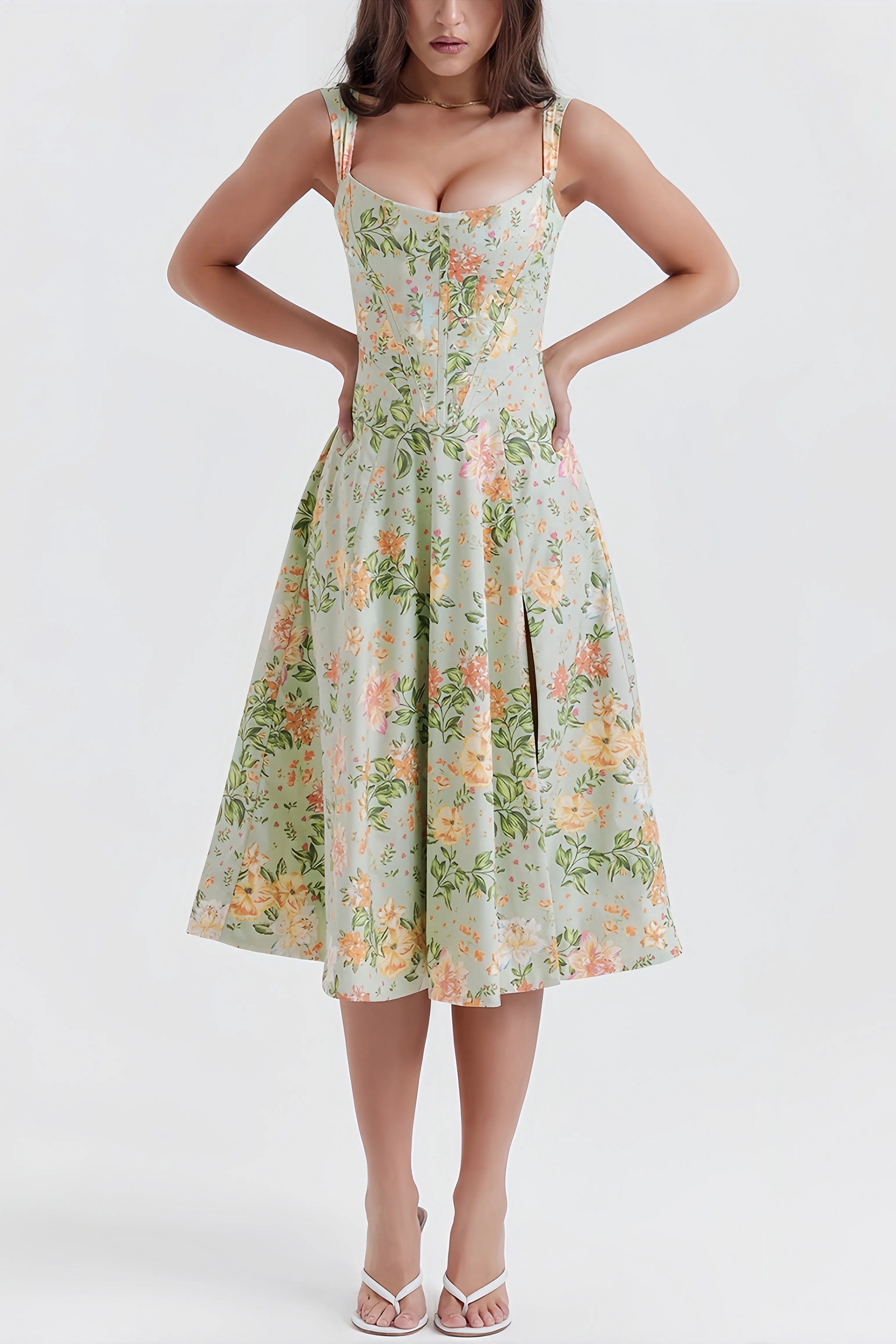 Livia | Dames Midi-Jurk - Bloemmotief met Flatterende Split, Zomerjurk 0