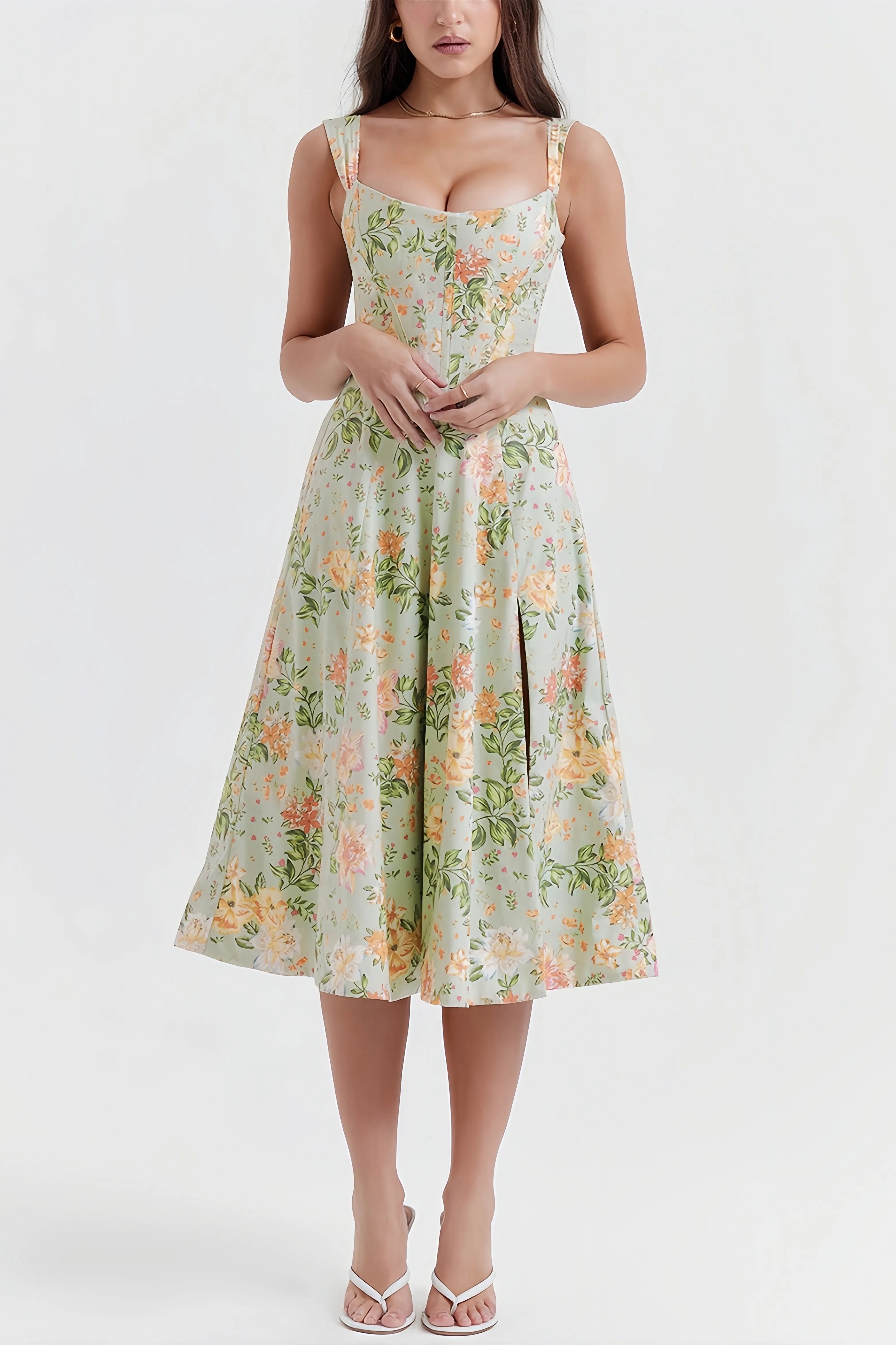 Livia | Dames Midi-Jurk - Bloemmotief met Flatterende Split, Zomerjurk 1