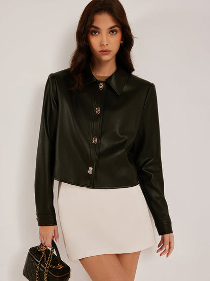 Melana | Trendy Faux Leer Korte Jas Dames - Elegante Metalen Knopen