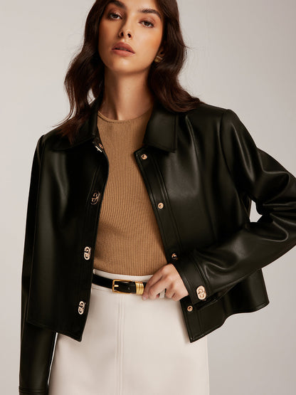 Melana | Trendy Faux Leer Korte Jas Dames - Elegante Metalen Knopen