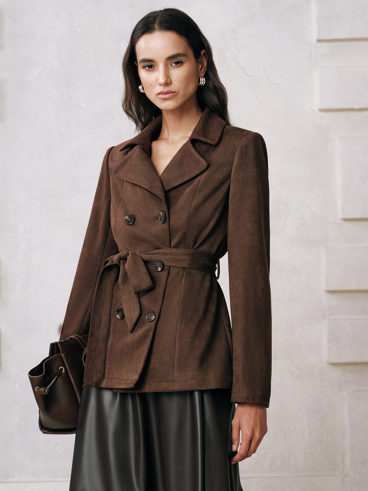 Meli | Elegante Suede Damesjas - Stijlvolle Knopen met Strikceintuur