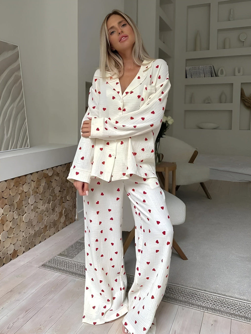 Merla | Esthetische Tweedelig Pyjama Set Dames - Hartjes Print, Comfortabel en Stijlvol