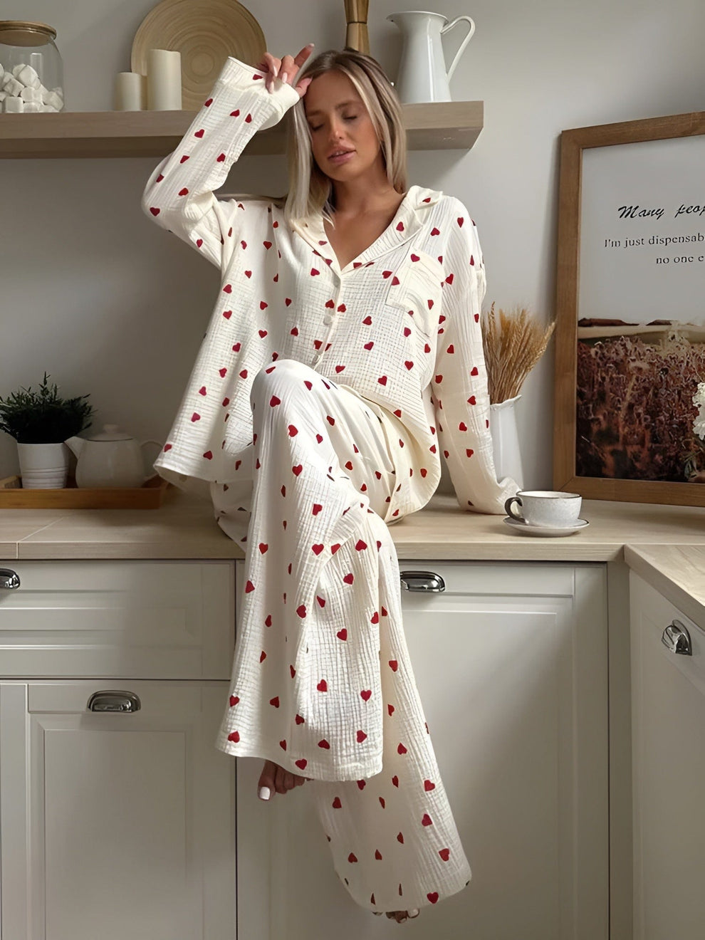 Merla | Esthetische Tweedelig Pyjama Set Dames - Hartjes Print, Comfortabel en Stijlvol