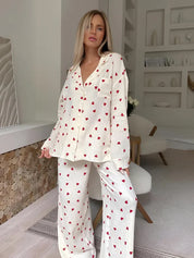 Merla | Esthetische Tweedelig Pyjama Set Dames - Hartjes Print, Comfortabel en Stijlvol