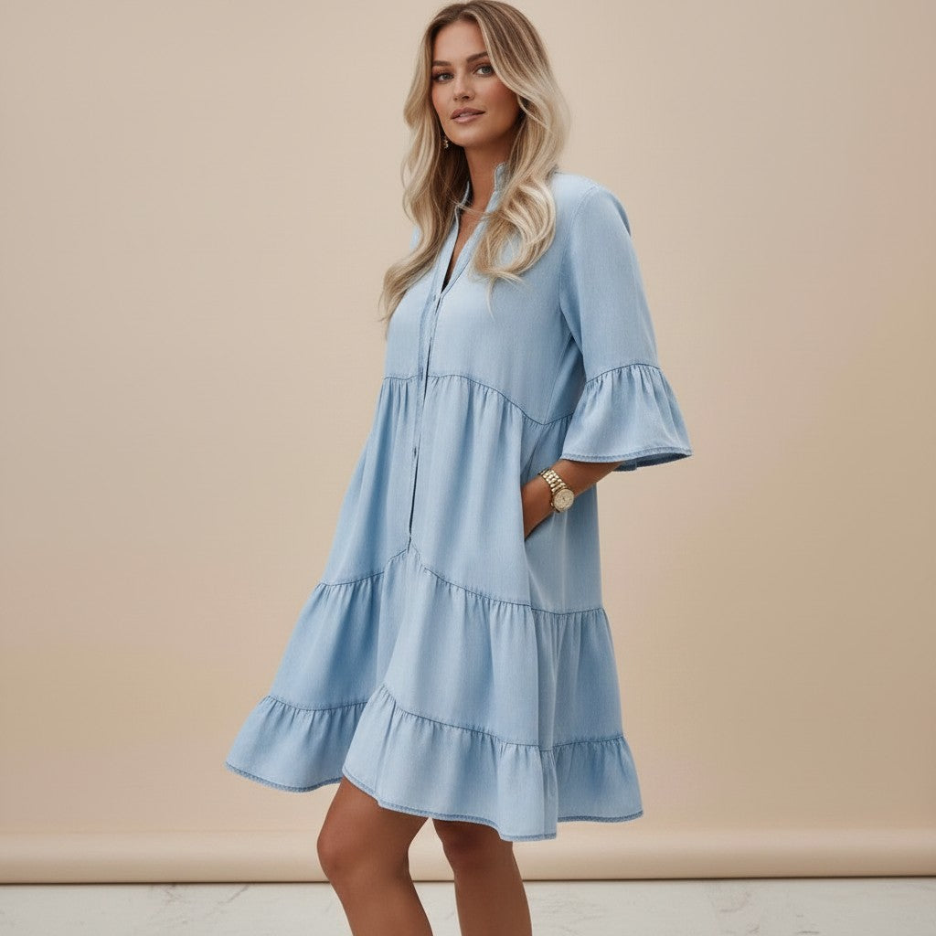 Mira | Denim Midi Jurk Dames  - Licht, Luchtig, Casual Elegantie