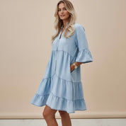 Mira | Denim Midi Jurk Dames  - Licht, Luchtig, Casual Elegantie
