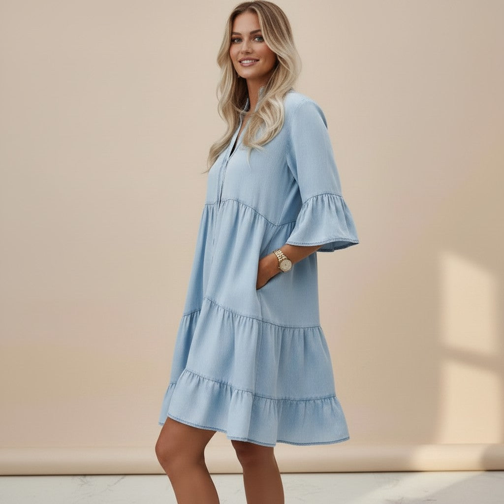 Mira | Denim Midi Jurk Dames  - Licht, Luchtig, Casual Elegantie