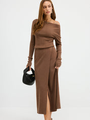 Mira | Dames Maxi Jurk - Elegante Gebreide Wolmix, Off-Shoulder Design