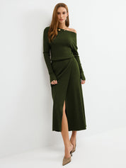 Mira | Dames Maxi Jurk - Elegante Gebreide Wolmix, Off-Shoulder Design