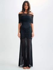 Mira | Dames Maxi Jurk - Off-Shoulder Mesh Met Elegante Plooi Details 0