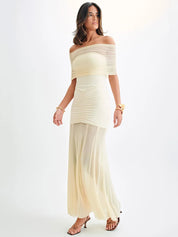 Mira | Dames Maxi Jurk - Off-Shoulder Mesh Met Elegante Plooi Details 3