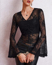 Mira | Dames T-shirt - Bloemen V-hals, Casual, Lange Klokmouwen 0