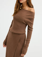 Mira | Dames Zwarte Lange Jurk - Hoogwaardige Gebreide Mix, Off-Shoulder Design 3